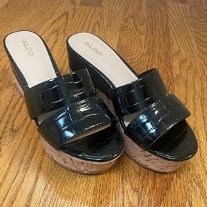 Aldo black patent wedges